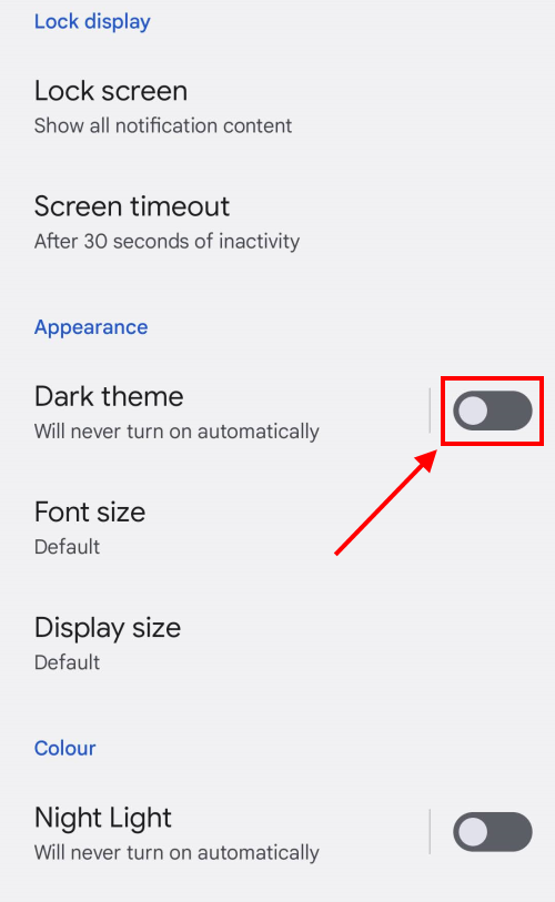 Tap the toggle switch for Dark theme to turn it on